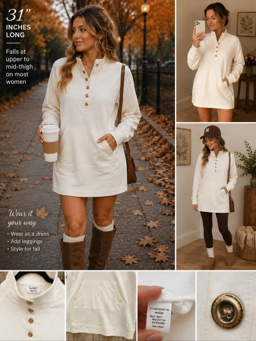 Fantastic Fawn Cream Longline Sweatshirt Dress Tunic Gold Buttons Size Medium